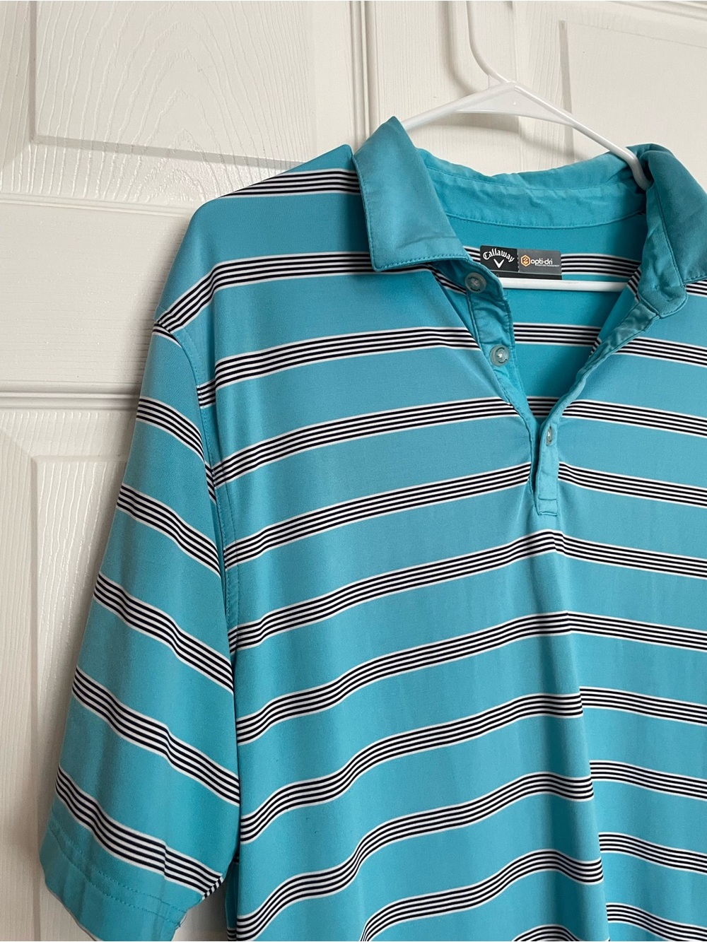 Callaway Mens size Large Opti Dri Turquoise Striped Polo Shirt - Picture 2 of 9